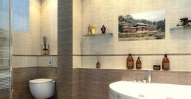 Дизайн ванной комнаты с коллекцией Bamboo бренда Golden Tile, бежевого и коричневого цвета 