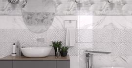 Дизайн ванной комнаты с керамической плиткой бренда Gracia Ceramica коллекции Celia, белого цвета под мрамор 